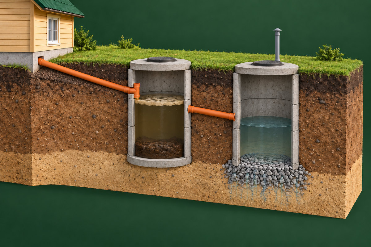 Как работает септик из колец: труба от дома, первая камера, перелив, вторая камера, щебёночная подушка, люки и вентиляция